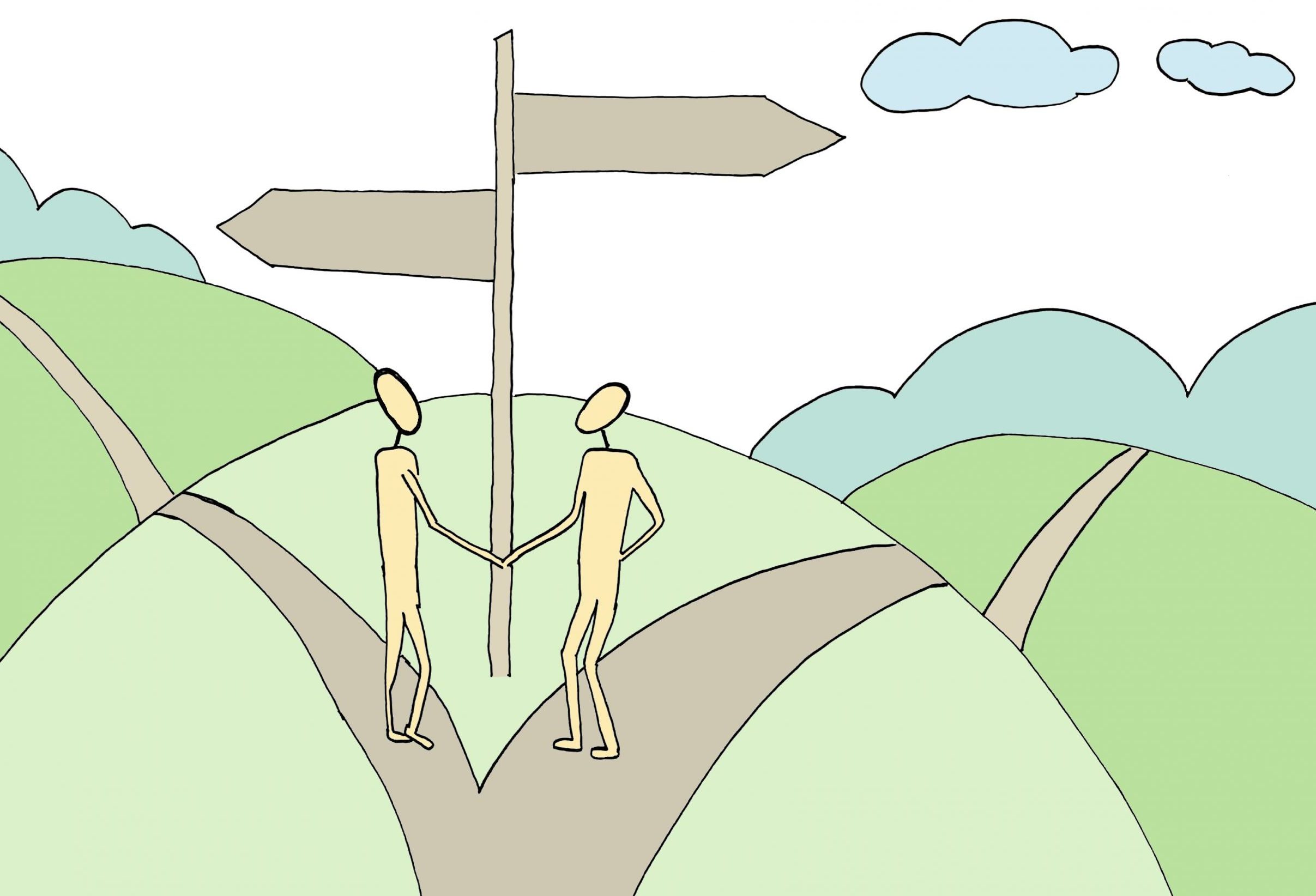 Grafik, die zwei Menschen zeigt, die sich die Hände reichen und in unterschiedliche Richtungen gehen