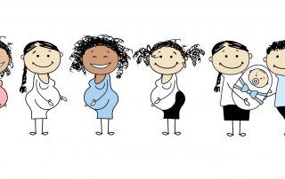 Schwangere Frauen verschiedener Nationalitäten und ein Mann und eine Frau mit Baby