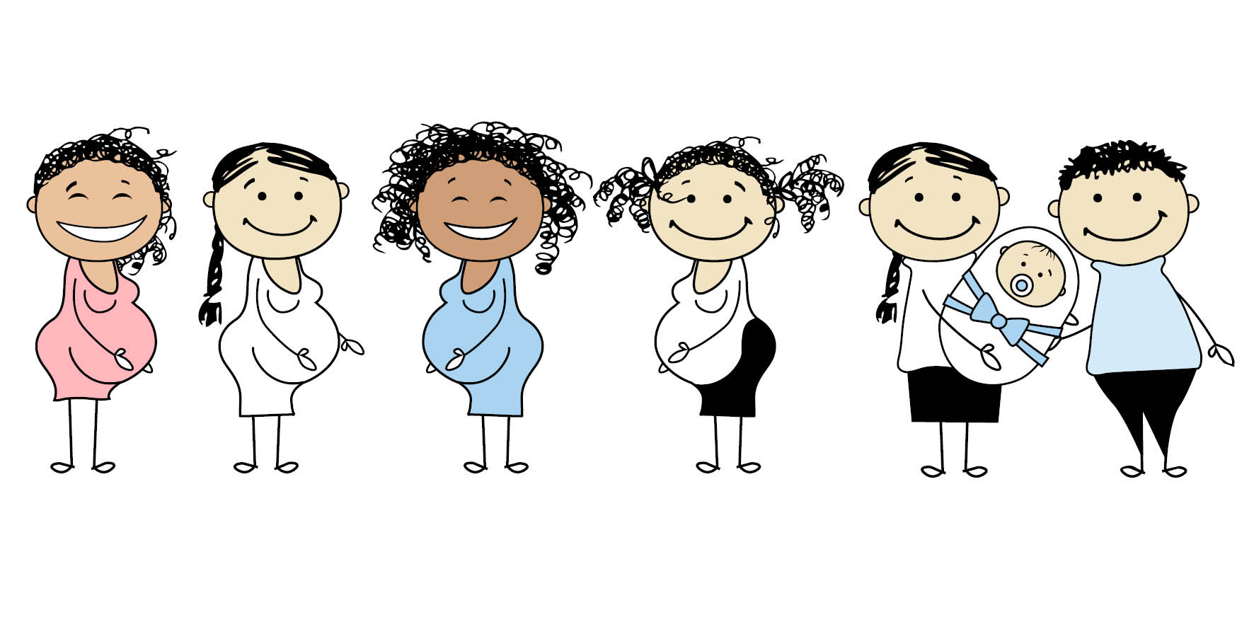 Schwangere Frauen verschiedener Nationalitäten und ein Mann und eine Frau mit Baby